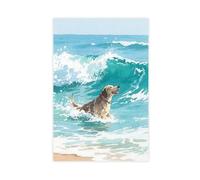 Stampa artistica da parete ad acquerello di un cane che fa surf sul mare, stampa artistica su tela, 50 x 75 cm