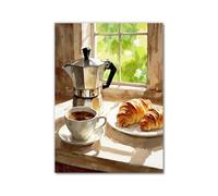 Stampa artistica da parete alla moda floreale retrò e cornetto - Poster di ispirazione vintage per gli amanti del caffè, decorazione per la cucina, la casa e il caffè (SKU11,40 x 60 cm), senza cornice