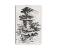 Stampa artistica da parete astratta minimalista su tela, poster con architettura Japandi con torre, unico, multi livello, edificio con alberi, decorazione per la casa, poster 40 x 60 cm
