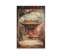 Stampa artistica da parete astratta minimalista su tela, poster tradizionale asiatico con paesaggio del tempio, opera d'arte panoramica e culturale, decorazione da parete, 50 x 75 cm