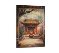 Stampa artistica da parete astratta minimalista su tela, poster tradizionale asiatico con paesaggio del tempio, opera d'arte panoramica e culturale, decorazione da parete, 50 x 75 cm
