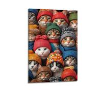 Stampa artistica da parete con gatti con cappelli colorati, stampa affascinante, poster festivo, vivace poster su tela decorativa da parete su tela e stampa artistica moderna per camera da letto
