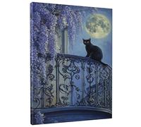 Stampa artistica da parete con gatto al chiaro di luna, stampa su tela con fiori di glicine viola, decorazione estetica per la casa, per soggiorno, camera da letto, Halloween, senza cornice, 20,3 x