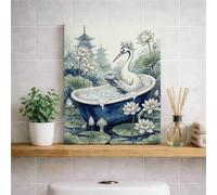 Stampa artistica da parete con ninfee e gru blu e bianca, decorazione floreale primaverile per la casa per soggiorno, camera da letto, bagno, spa, tela avvolta 20,3 x 25,4 cm