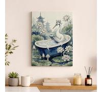 Stampa artistica da parete con ninfee e gru blu e bianca, decorazione floreale primaverile per la casa per soggiorno, camera da letto, bagno, spa, tela avvolta 30,5 x 40,6 cm