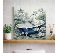 Stampa artistica da parete con ninfee e gru blu e bianca, decorazione floreale primaverile per la casa per soggiorno, camera da letto, bagno, spa, tela avvolta 30,5 x 30,5 cm
