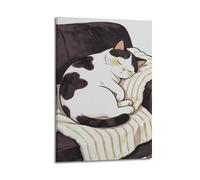 Stampa artistica da parete con simpatico gatto addormentato, accogliente decorazione per camera da letto, dipinto a mano, poster con gatto bianco e nero pigro, stampa per asilo nido, camera da letto