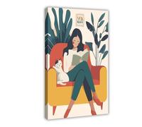 Stampa artistica da parete con stampa su tela con immagine di una donna e un gatto che si gode di un comodo, decorazione artistica da parete per soggiorno e camera da letto, 20 x 30 cm