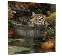 Stampa artistica da parete con tigre autunnale in vasca di legno, stampa floreale arancione marrone, decorazione a tema natura per soggiorno, camera da letto, bagno, estetica accogliente, 30,5 x 30,5