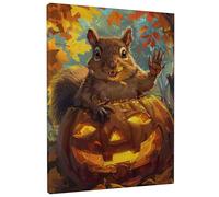 Stampa artistica da parete con zucca di scoiattolo, decorazione autunnale arancione per Halloween, stampa su tela con animali carini per soggiorno, camera da letto, ufficio, estetica accogliente della