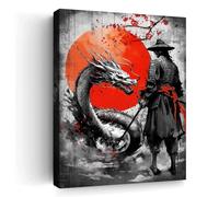 Stampa artistica da parete giapponese su tela, motivo: samurai e drago, decorazione da parete giapponese con sfondo di sole rosso, guerriero bianco e nero, opera d'arte di anime asiatiche, decorazione