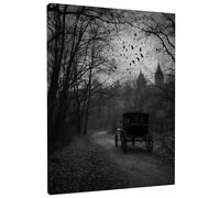 Stampa artistica da parete in stile gotico bianco e nero, con carrozza di cavalli spettrali, decorazione estetica scura per soggiorno, camera da letto, Halloween, tela avvolta 20 x 30 cm