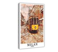 Stampa artistica da parete in stile vintage, motivo: attrazioni turistiche di Milano Italia, dormitorio, camera da letto, poster decorativo su tela, decorazione artistica da parete per soggiorno,