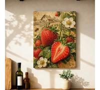 Stampa artistica da parete in tela con fragole, stile vintage, rustico, con api estive, colore rosso, da appendere alla parete, per casa, sala da pranzo, bagno, cucina, ristorante, 30,5 x 40,6 cm