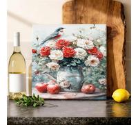 Stampa artistica da parete in tela con rose e uccellini, stile vintage, rustico, con uccello, primaverile, rosso, da appendere, per sala da pranzo, angolo colazione, ristorante, 30,5 x 30,5 cm