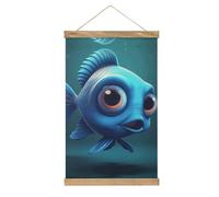 Stampa artistica da parete in tela di legno con simpatico pesce blu, decorazione da parete moderna in lino, decorazione da parete per bagno, ufficio, camera da letto, 33 x 50 cm