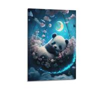 Stampa artistica da parete moderna su tela con panda in fiore che riposa con animali, cestino da appendere, 30 x 45 cm, con cornice
