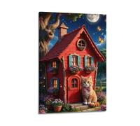 Stampa artistica da parete moderna su tela, poster con immagine di una casa delle fiabe e un gatto, 20 x 30 cm, con cornice