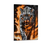 Stampa artistica da parete moderna su tela, poster con leopardo dominante che marcia tra le fiamme, inietta energia selvaggia nelle sale giochi, bar coraggiosi, spazi a tema animale, arte con cornice