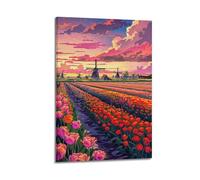Stampa artistica da parete moderna su tela, poster con paesaggio, mulini a vento olandesi e campi di fiori, arte decorativa colorata, 50 x 75 cm, con cornice