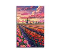 Stampa artistica da parete moderna su tela, poster con paesaggio, mulini a vento olandesi e campi di fiori, arte decorativa colorata, 30 x 45 cm, senza cornice