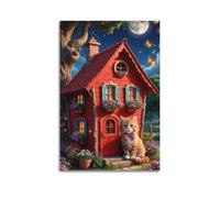 Stampa artistica da parete moderna su tela, poster da parete a forma di casa delle fiabe e gatto, affascinante arte decorativa, 20 x 30 cm, senza cornice