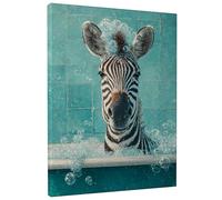 Stampa artistica da parete su tela a righe con cavallo nel bagnoschiuma, stampa di animali blu e verde, divertente decorazione da bagno per soggiorno, bagno, camera dei bambini, tela avvolta 40,6 x