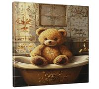 Stampa artistica da parete su tela con adorabile orso, marrone caldo, simpatica decorazione per il bagno per la camera dei bambini, la stanza dei giochi, tela avvolta 30,5 x 30,5 cm