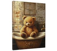 Stampa artistica da parete su tela con adorabile orso, marrone caldo, simpatica decorazione per il bagno per la camera dei bambini, la stanza dei giochi, tela avvolta 30,5 x 40,6 cm