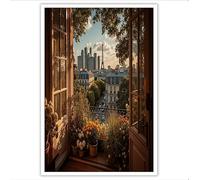 Stampa Artistica Da Parete Su Tela Con Balcone Torre Eiffel, Artistiche Da Parete Su Tela Vista Realistica Di Parigi Dalla Finestra - Poster per La Decorazione Della Casa (70×100 cm /Senza Cornice)