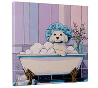 Stampa artistica da parete su tela con cane che fa il bagno, decorazione con animali blu viola, divertente opera d'arte estetica per la casa, per soggiorno, bagno, camera da letto, amanti degli