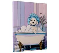 Stampa artistica da parete su tela con cane che fa il bagno, decorazione con animali blu viola, divertente opera d'arte estetica per la casa, per soggiorno, bagno, camera da letto, amanti degli