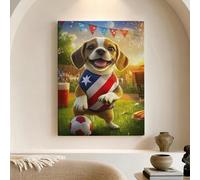 Stampa artistica da parete su tela con cane patriottico, cucciolo rosso blu che gioca a calcio, divertente decorazione da parete per soggiorno, camera da letto, ufficio, feste, 30,5 x 40,6 cm