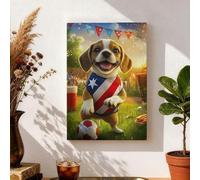 Stampa artistica da parete su tela con cane patriottico, cucciolo rosso blu che gioca a calcio, divertente decorazione da parete per soggiorno, camera da letto, ufficio, feste, 20 x 30 cm
