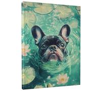 Stampa artistica da parete su tela con cani francesi che nuotano, stampa di fiori di ninfea, decorazione per il bagno del cane, per soggiorno, camera da letto, bagno, camera dei bambini, tela avvolta