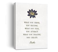 Stampa artistica da parete su tela con citazione "What You Think You Become" con fiore di loto blu e buddismo, per sala yoga, terapia con Buddha, regalo per meditazione zen, da appendere, 30,5 x 38,1