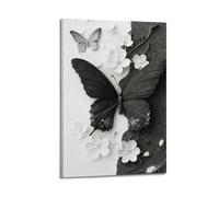 Stampa artistica da parete su tela con farfalle in bianco e nero, stampa moderna con farfalle bianche, stampa astratta moderna, opera d'arte con insetti 50 x 76 cm
