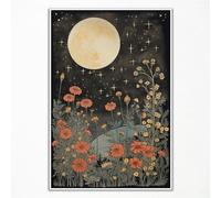 Stampa artistica da parete su tela con fiori di luna vintage, poster mistico con luna celeste, stampa rustica arancione giallo campo di fiori selvatici, Cottagecore Ethereal Moonlight Botanical Floral