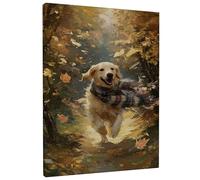 Stampa artistica da parete su tela con foglie autunnali Golden Retriever, cane giallo caldo con sciarpa, decorazione da parete per soggiorno, camera da letto, amanti dei cani, energia positiva