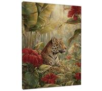 Stampa artistica da parete su tela con giungla tropicale, stampa floreale leopardata rossa e verde, decorazione da parete a tema natura, per soggiorno, camera da letto, ufficio, tela avvolta 40,6 x