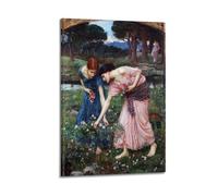 Stampa artistica da parete su tela con immagine di John William Waterhouse, con boccioli di rosa e scritta "Gather Ye Ma", per camera da letto e soggiorno, 30 x 45 cm