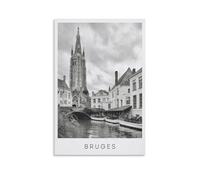 Stampa artistica da parete su tela con immagine di viaggio in bianco e nero di Bruges Belgio, punto di riferimento europeo, per soggiorno, camera da letto, bagno, ufficio, decorazione per la casa, 40