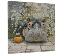 Stampa artistica da parete su tela con ippopotamo, stampa di animali grigi e arancioni, divertente decorazione per il bagno per soggiorno, camera da letto, camera dei bambini, tela avvolta 30,5 x 30,5