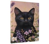Stampa artistica da parete su tela con motivo floreale di gatto, stampa botanica viola bianca, graziosa decorazione da parete per soggiorno, camera da letto, ufficio, senza cornice, 30,5 x 40,6 cm