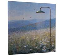 Stampa artistica da parete su tela con prato estivo, stampa floreale blu verde, decorazione astratta della natura per soggiorno, camera da letto, bagno, dormitorio, tela avvolta 30,5 x 30,5 cm