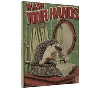 Stampa artistica da parete su tela con simpatico riccio che si lava le mani, stampe di animali verdi e marroni, divertente decorazione da parete per bagno, soggiorno, bagno, cucina, design estetico