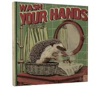 Stampa artistica da parete su tela con simpatico riccio che si lava le mani, stampe di animali verdi e marroni, divertente decorazione da parete per bagno, soggiorno, bagno, cucina, design estetico