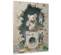 Stampa artistica da parete su tela con simpatico topolino per lavanderia, stampe animalier beige blu, decorazione per la casa per soggiorno, camera da letto, lavanderia, regalo per bambini, 20 x 25 cm