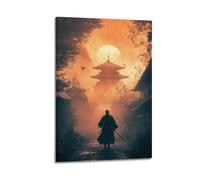 Stampa artistica da parete su tela con stampa artistica da parete con paesaggio Japandi Samurai, poster con pagoda e tramonto 50 x 75 cm