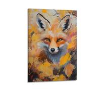 Stampa artistica da parete su tela con stampa artistica da parete moderna e squisita, stampa artistica da parete con animali impressionisti, poster di una volpe rossa con foglie autunnali, 50 x 75 cm